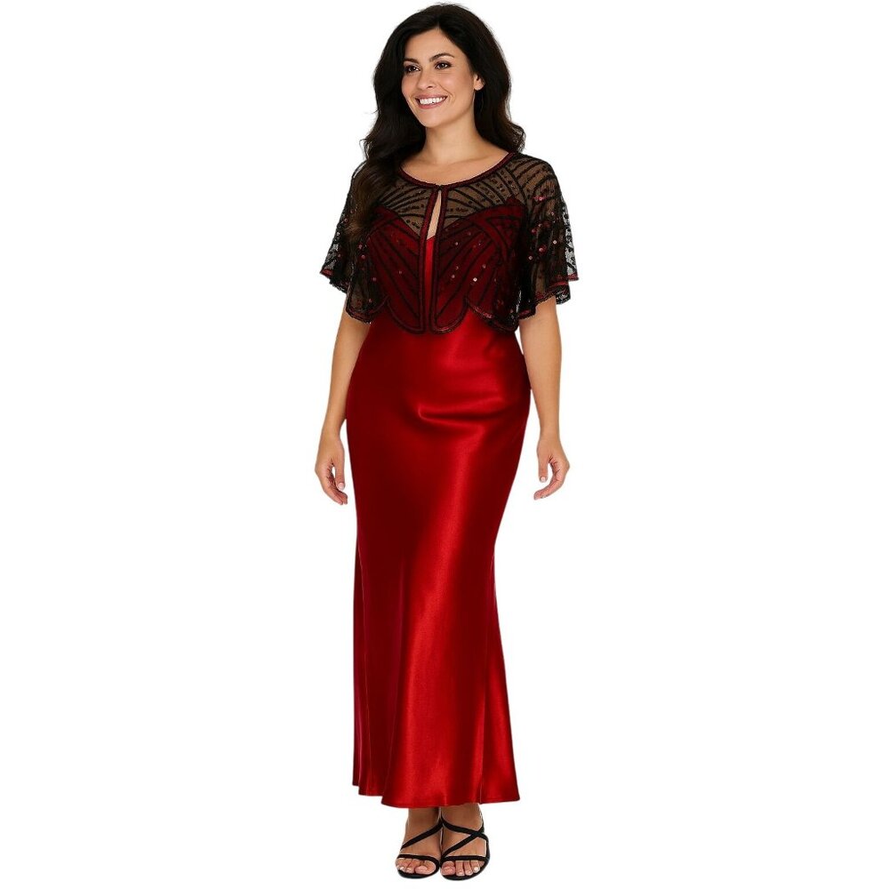 Vintage OS Style Red & Black Evening Sequin Cape Round Neckline Shrug